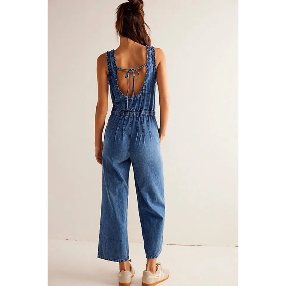 Free People We The Free Denim Jumpsuit Ruffle Wide Leg Open Back Blue Wash